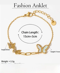 Detail of gold butterfly anklet with sparkling zircon stones and adjustable lobster clasp