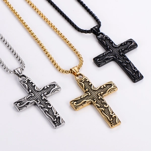 Vintage Punk Cross Pendant Necklace Men 304 Stainless Steel Gothic Totem Relief Solid Casting Retro Jewelry Gift