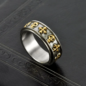 Vintage punk skull and cross rotatable stainless steel ring with silver and gold finish