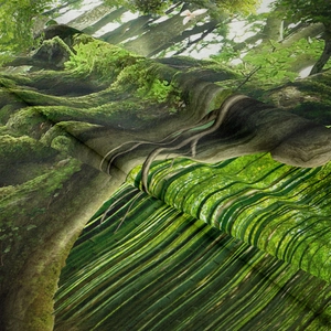 Close-up of soft fabric texture and detailed forest print on this decorative wall tapestry