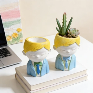 Cute boy figurine flower pot resin succulent planters in suit for desktop decoration