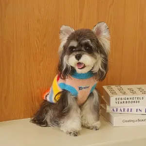 Rainbow striped knit pet sweater with colorful patchwork for small dogs and cats