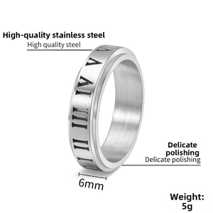 Détail d'une bague rotative de 6mm en acier inoxydable brossé avec chiffres romains