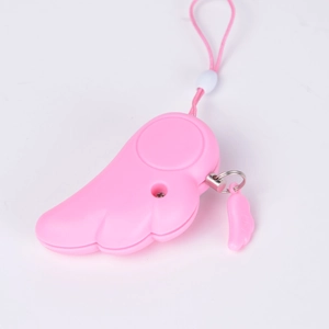 Pink angel wing personal security alarm with matching lanyard and keychain on white background