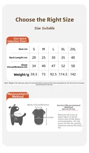 Size chart for pet cartoon vest showing back length and chest width from S to 2XL sizes