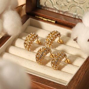 Stainless Steel C Shaped Earrings 18K Gold Plated Faux Artificial Pearl Inlay And Zirconia Hoop Stud Earrings For Women Fashion
