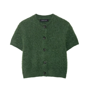 Cardigan In Maglia A Maniche Corte Da Donna Texture Mohair Girocollo Abbottonato Verde Tinta Unita Moda Top Morbido Casual