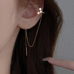 Copper Zircon Long Tassel Ear Cuff Stud Earrings Leaf Flower Design Korean Fashion Shiny Jewelry For Women