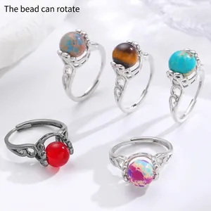 Vintage Anti-Stress-Ring mit drehbaren Natursteinperlen und verstellbarem Silberband