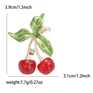 Broche cerise émaillée rouge minimaliste avec feuilles vertes et strass pour femmes