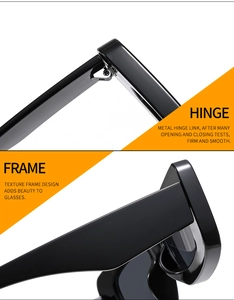 Detailed close-up of sturdy metal hinges and thick black glossy frames on trendy sunglasses