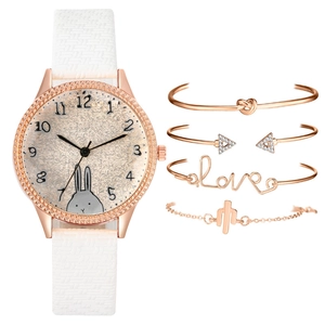 Rose gold quartz watch with rabbit dial and four matching bracelets set for women