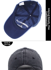 Detail of adjustable washed cotton baseball cap with embroidered logo and internal care label