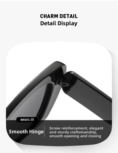Detailed macro view of smooth metal hinges and screw reinforcement on black cat eye sunglasses