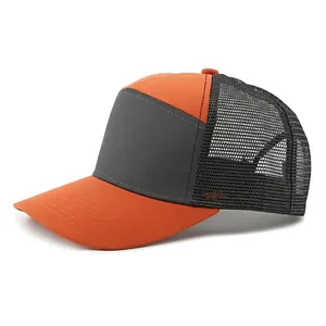 Outdoor trucker hat with orange and grey panel design and breathable black mesh back