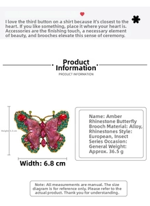 Detailed view of large butterfly brooch with pink and red rhinestones, 6.8x5.3cm size