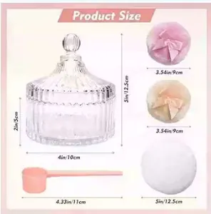 Detailed dimensions of glitter powder puff and embossed glass jar in centimeters and inches