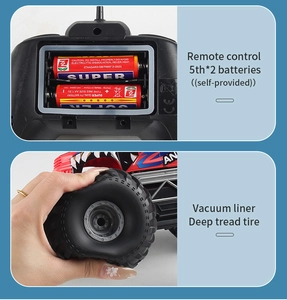 Detail of 2.4G remote control car showing battery compartment and off-road rubber tires