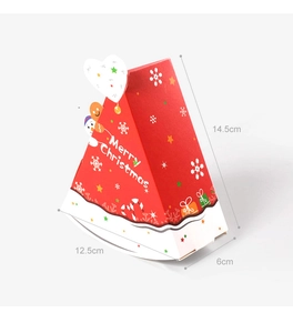 Detail showing red Christmas tree gift box dimensions 12.5x6x14.5cm with holiday graphics