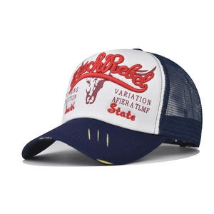 Vintage Trucker Hat With 3D Bull Embroidery Distressed Curved Brim Adjustable Mesh Baseball Cap For Men Women