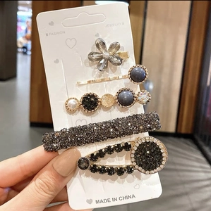 Detailed set of 5 vintage hair clips with grey crystals and rhinestones on gold alloy