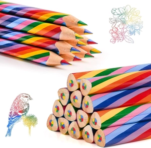 Macro detail of rainbow colored pencil showing 4-color lead core and wood texture