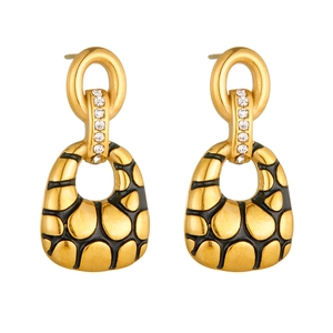 18K gold plated stainless steel hoop earrings with sparkling rhinestones and black turtle shell pattern