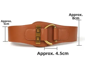 Detail of tan elastic waist belt with vintage gold D-ring buckle and dimensions marked