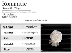 Detail view of white rose car vent clip perfume with plastic and metal materials