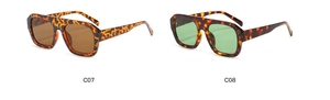Detail view of square leopard print sunglasses in C07 brown and C08 green lenses