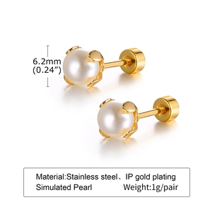 Detail of 6.2mm simulated pearl earrings with IP gold plated stainless steel setting