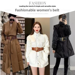 Three colors of wide elastic waist belts with golden D-rings for women's fashion coats
