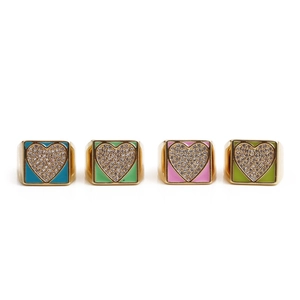 Colorful heart-shaped zircon enamel rings in blue, pink, and green on gold-plated bands