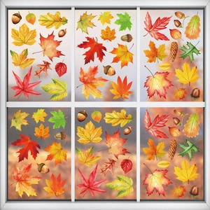 Vibrant autumn leaves and acorns window clings set for seasonal home decoration