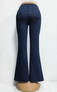 Detail view of high waist flare jeans back showing dual pockets and lifting effect