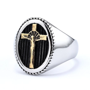 Retro stainless steel men's signet ring with golden cross on black textured oval face