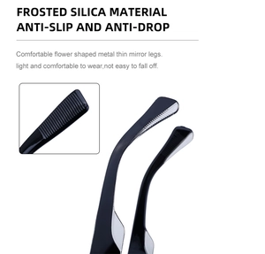 Detail of matte black silicone anti-slip tips and slim floral metal temples for glasses