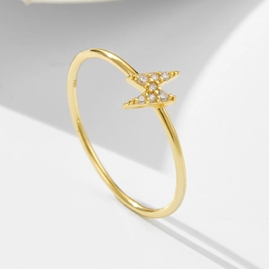 Elegant gold S925 sterling silver lightning bolt ring featuring sparkling zircon stones