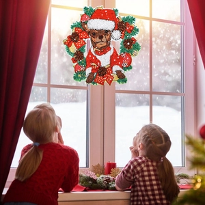 5D DIY Christmas diamond painting wreath with cartoon puppy on a winter window pane