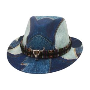 Kids western cowboy jazz hat with bull head ornament and ethnic weave band decoration