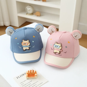 Baby baseball cap with cartoon bear ears and goggles embroidery in blue and pink colors