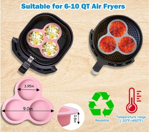 Pink 3-hole silicone cake mold for 6-10 QT air fryer with temperature range specs