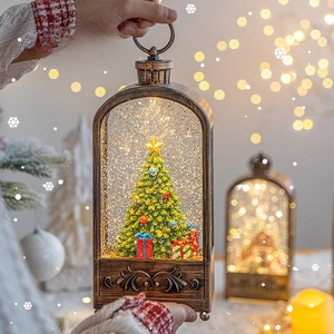 Christmas Snowing Lantern LED Retro Musical Snow Globe Tabletop Ornament Warm Light Glitter Effect Holiday Home Decor