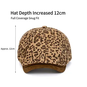 Vintage leopard print newsboy cap for women with brown suede brim and 12cm deep crown