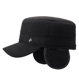 Casquette militaire d'hiver pour homme en laine noire avec protège-oreilles chauds