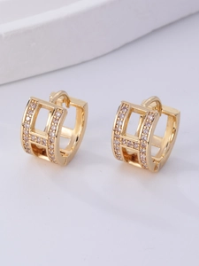 Close-up of gold-plated H-shaped earrings with micro-pave white zircon stones