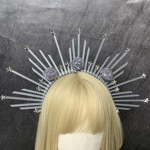 Silver celestial halo crown headband with metallic stars and grey satin roses