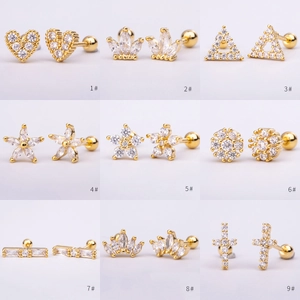 Nine gold plated cartilage earrings with micro inlaid zircons in various shapes