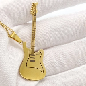 Hip hop style gold guitar pendant necklace made of durable stainless steel for men and women