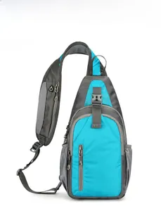 Front view of blue and grey waterproof chest bag with breathable mesh shoulder strap